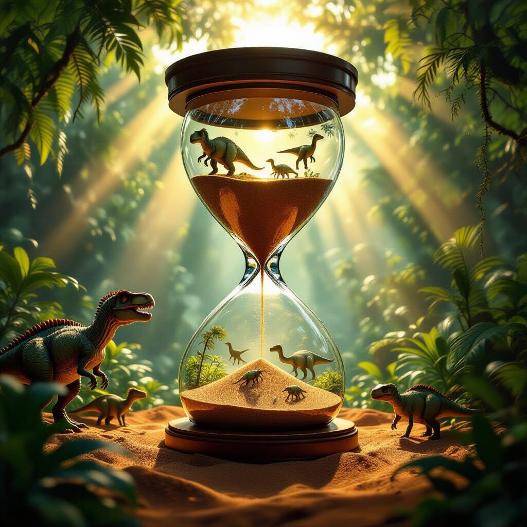 Vast Hourglass With Dinosaurs And Jungle Life