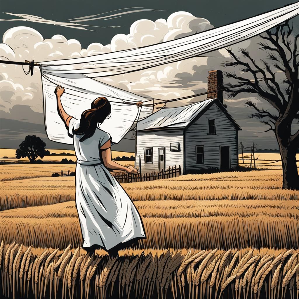 Cartoon Woman Hanging Laundry Before Approaching Storm