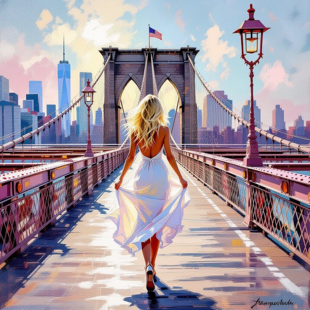 Woman on Brooklyn Bridge in Impressionistic Style
