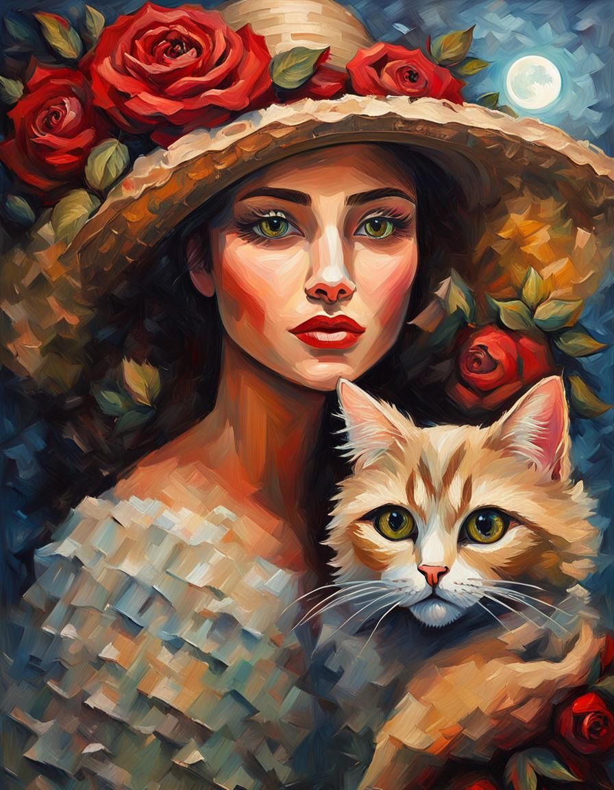 Lady with Cat: Impasto Oil Painting in Moonlight