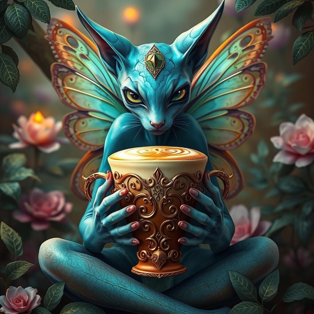 Mystical Feline-Butterfly Cradles Ethereal Pagan Latte