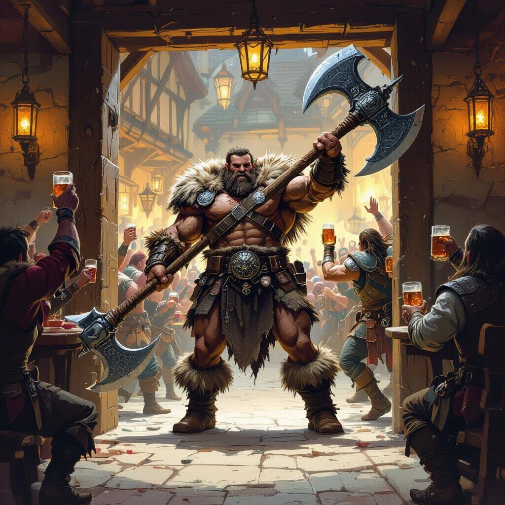 Barbarian's Triumph: Tavern Scene in Frazetta Style