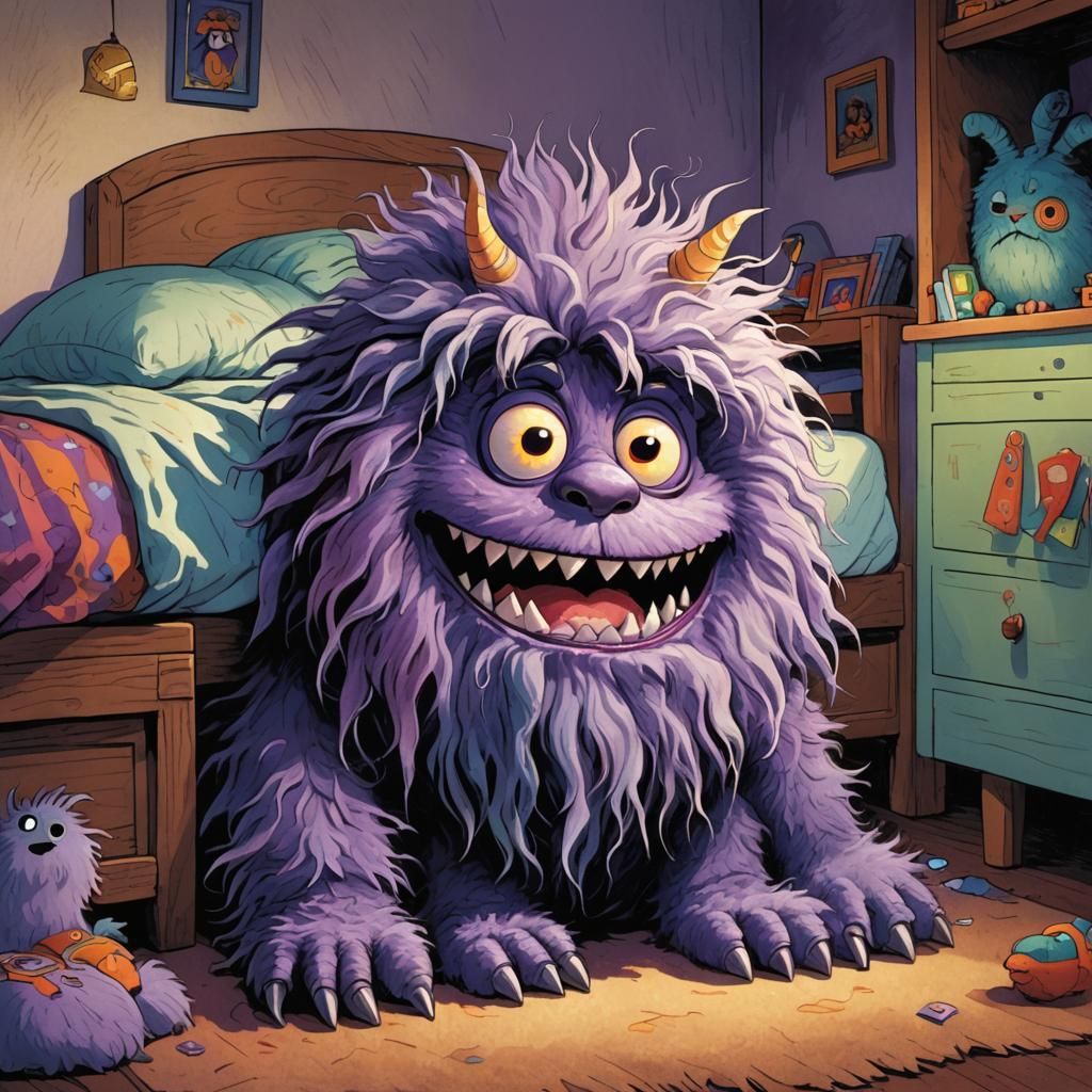 Fluffy Purple Monster Peeking from Under Bed