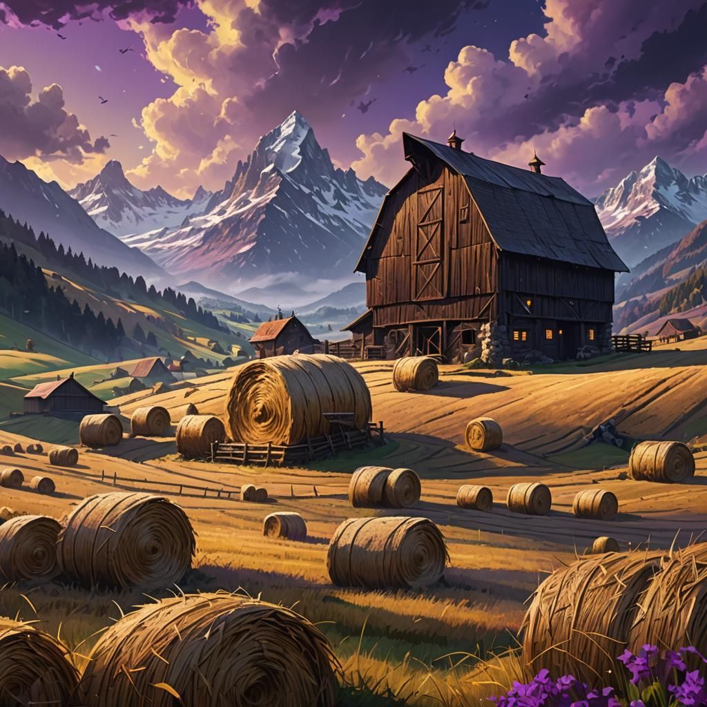 Ominous Hay Barn Drifts to the Alps: Dark Fantasy Art