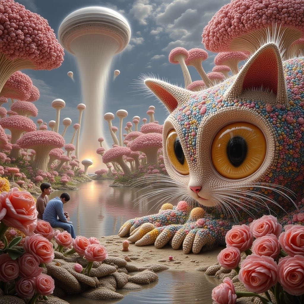 Surreal Feline Sanctuary in Futuristic Landscape