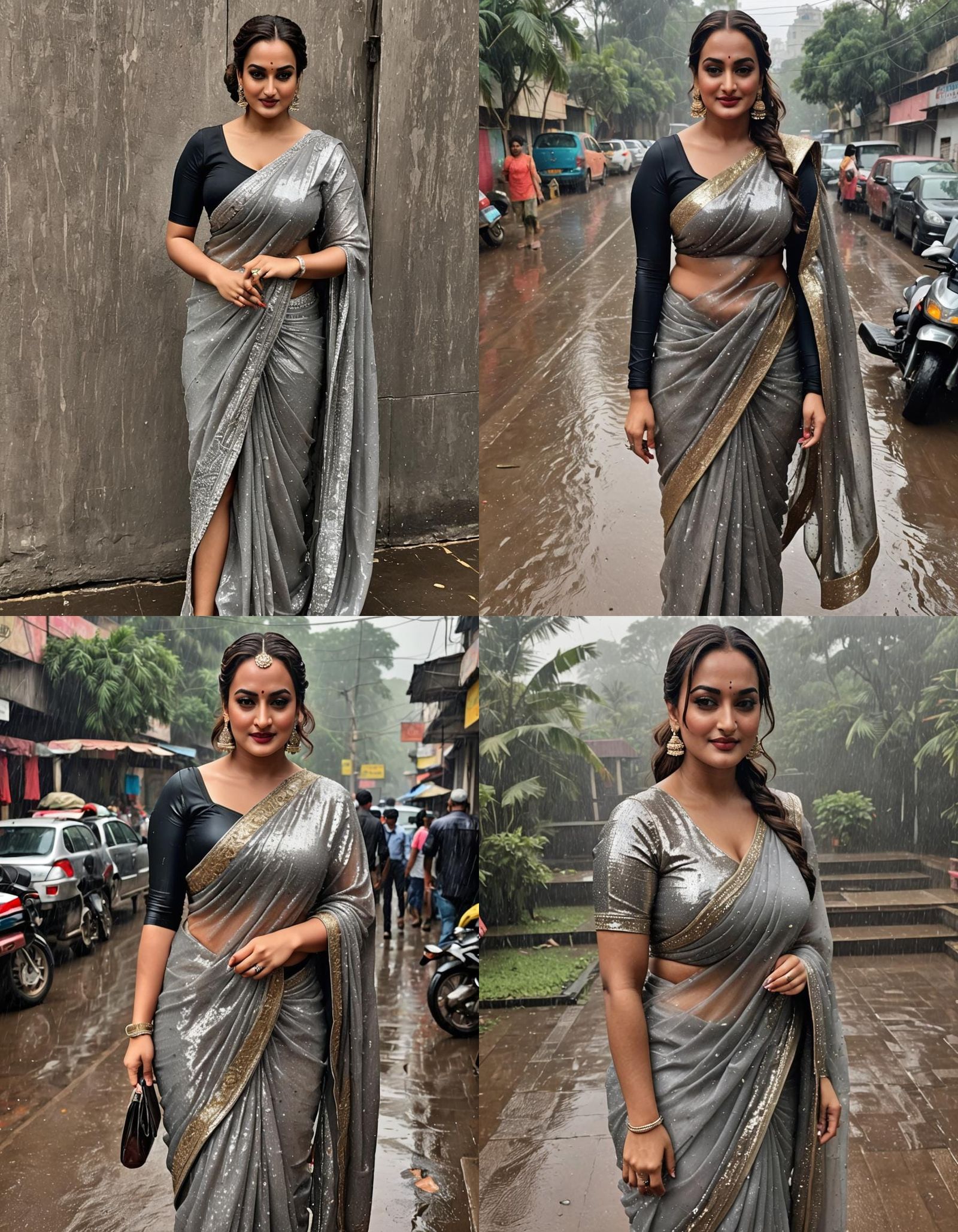 Curvy Woman in Sequined Saree in Rainy Village