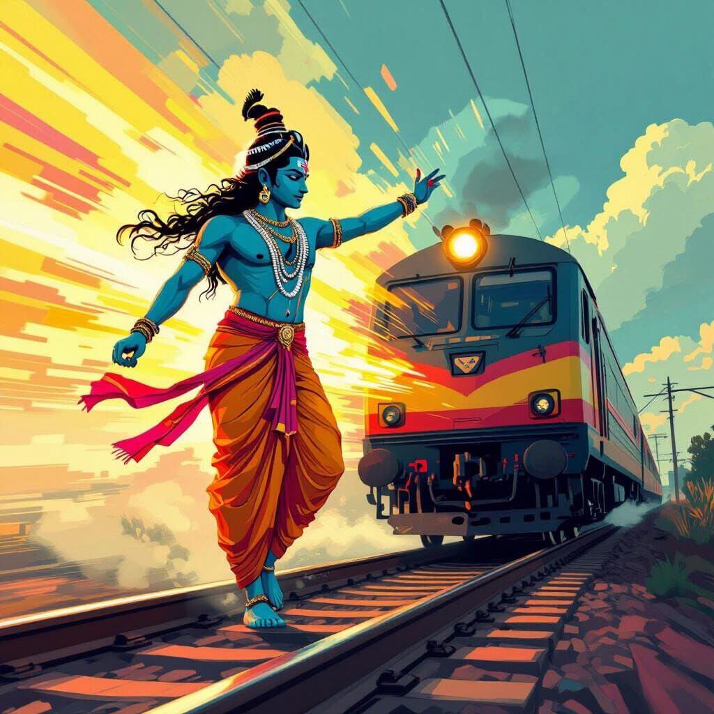Vishnu Hit by Train in Dynamic, Stylized Art