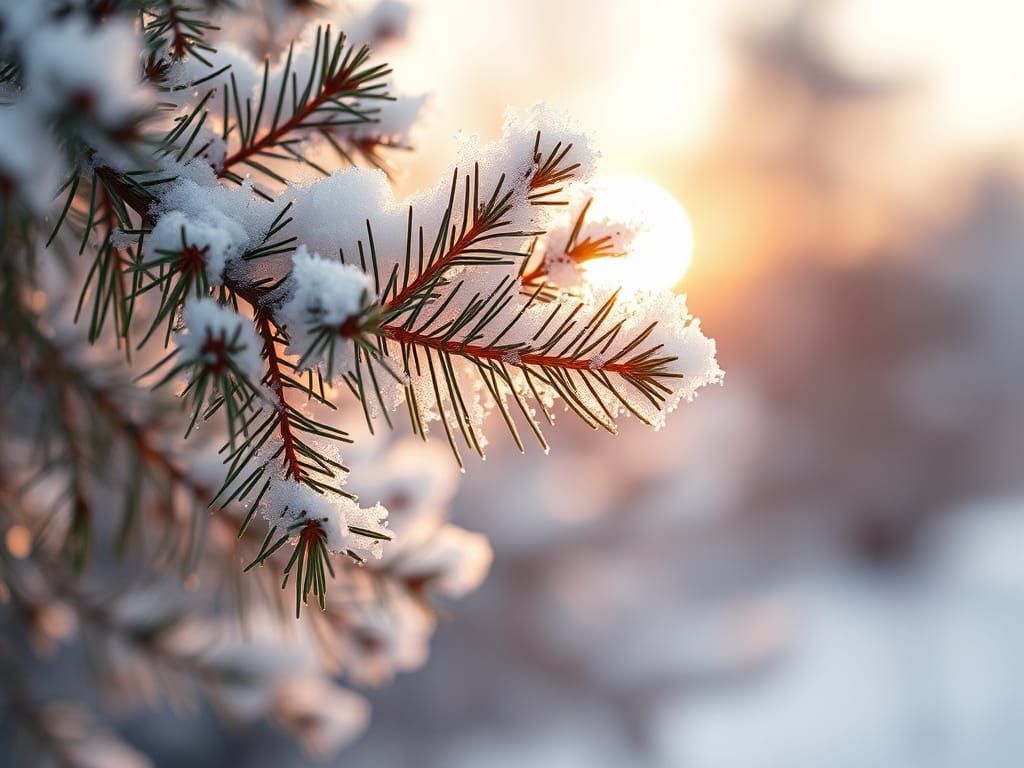 Winter Pine Branch in Soft Focus Sunrise