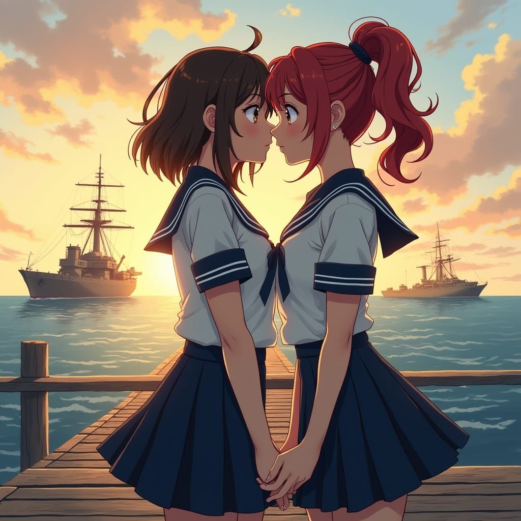Tender Moment on the Pier in Flat Manga Style