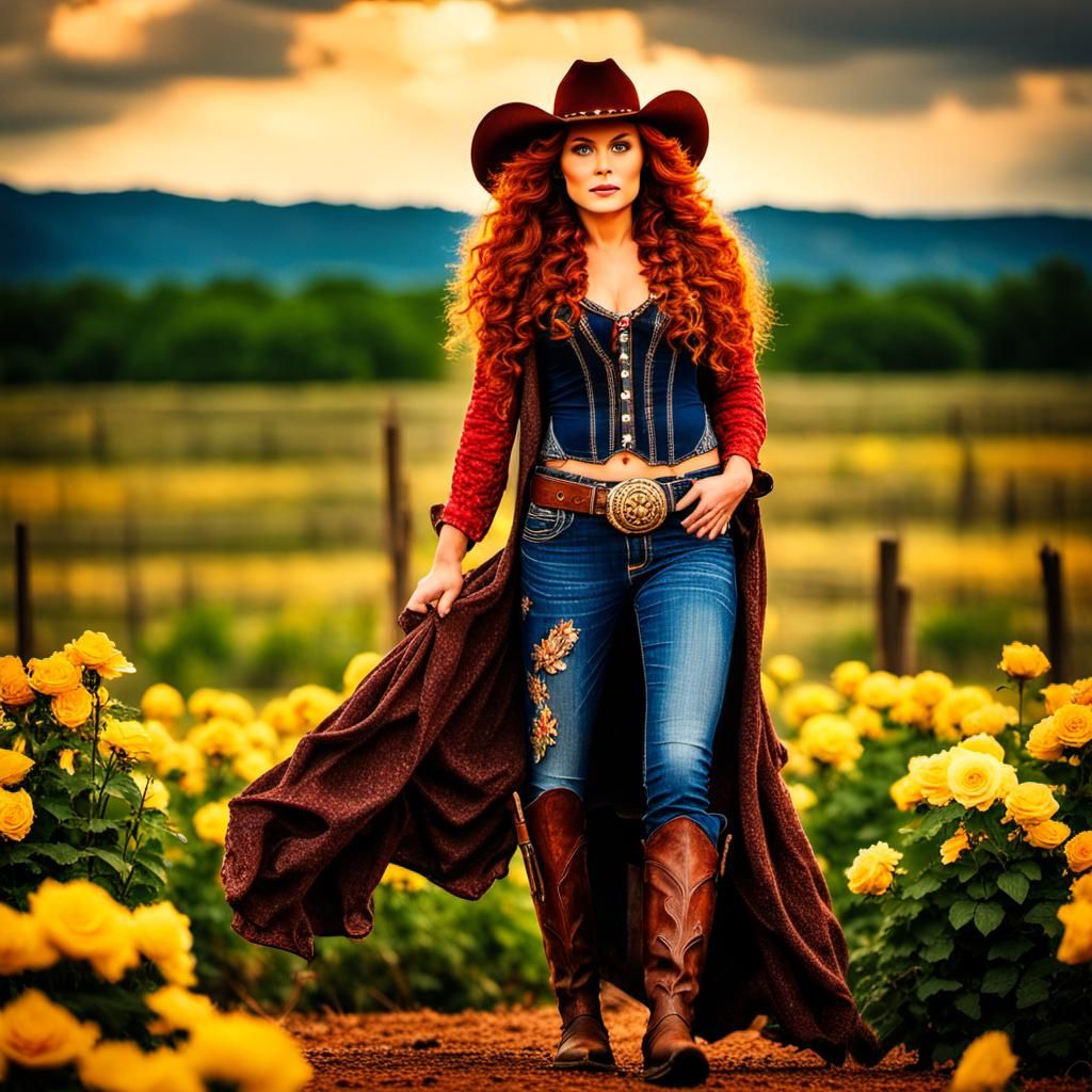 Texas Woman with Flowing Red Hair in Field