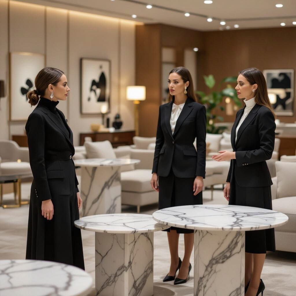 Disdainful Customers Inspect Marble Tables
