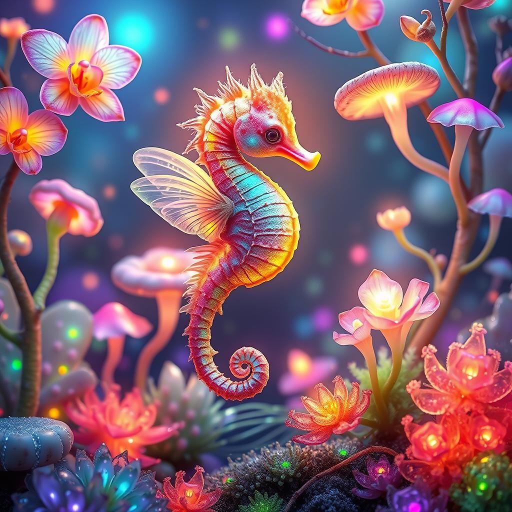 Iridescent Seahorse Flies Through Alien Dreamscape