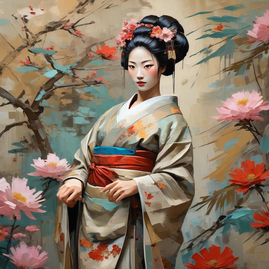Geisha in Impasto Painting with Flowers