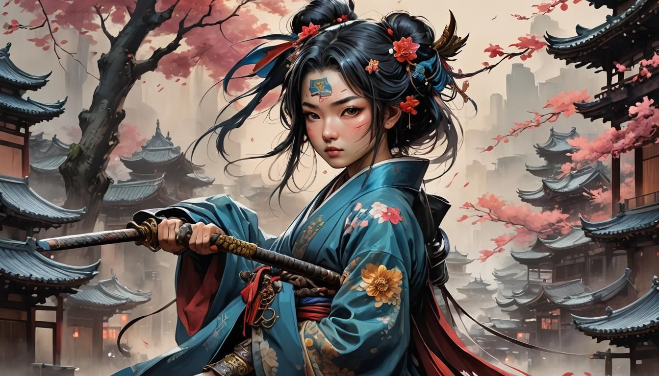 Wuxia Princess Fighter in Kyoto, Watercolor Style