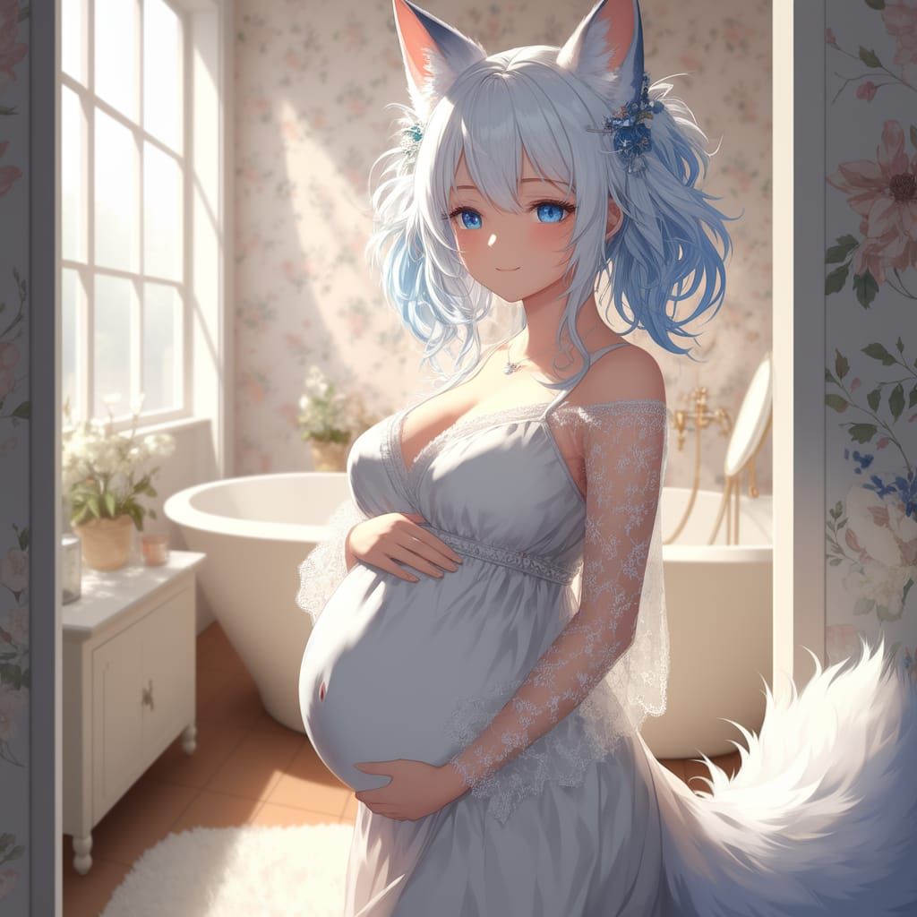 Elegant Pregnant Anime Girl in a Whimsical Bathroom Scene