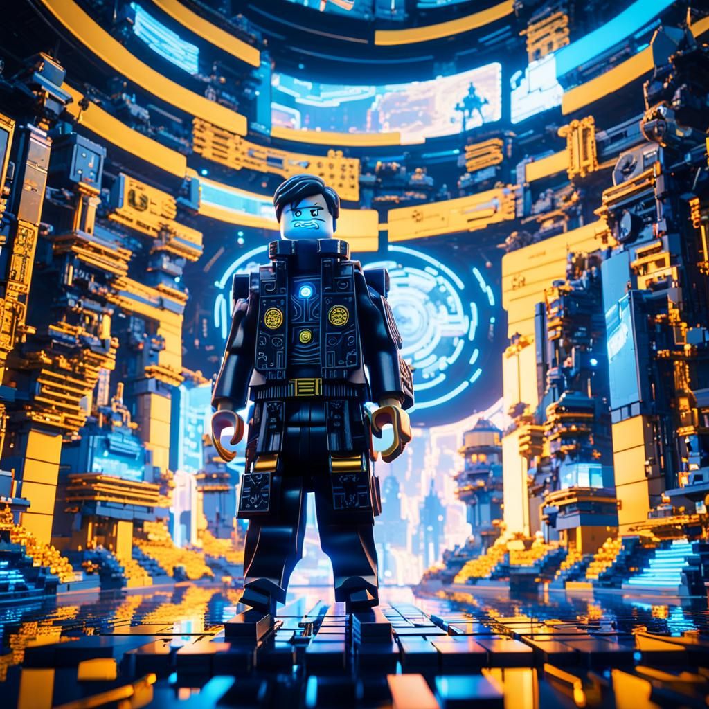 Lego Leader in Cyberpunk City, Cinematic Still