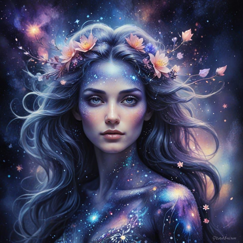Mystical Woman with Cosmic Flowers in Watercolor