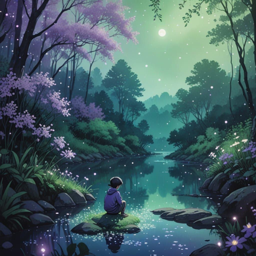 Magical Forest Riverbank in Manga Style Aquarelle Art