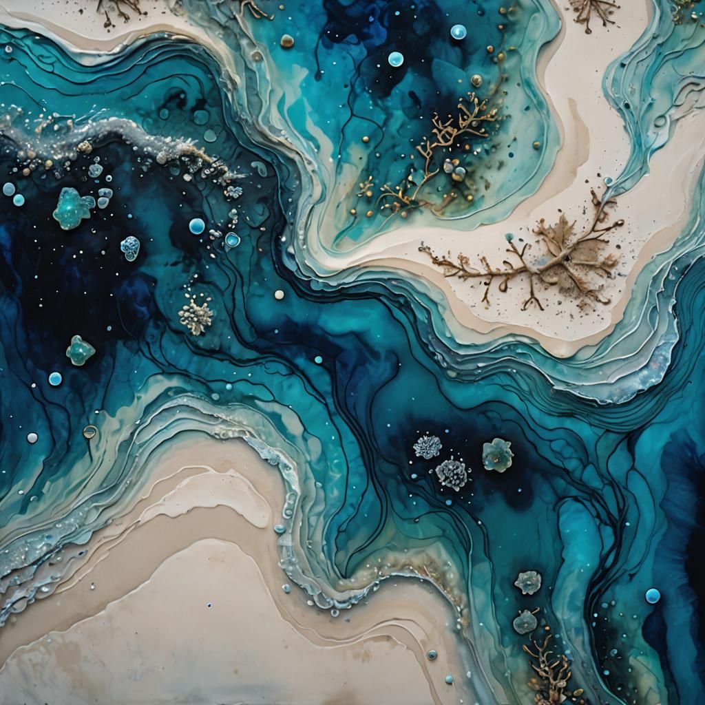 Encaustic paint texture and alcohol ink flow art. Aerial view of a sandy shoreline at Midnight with sparkling biolumines...