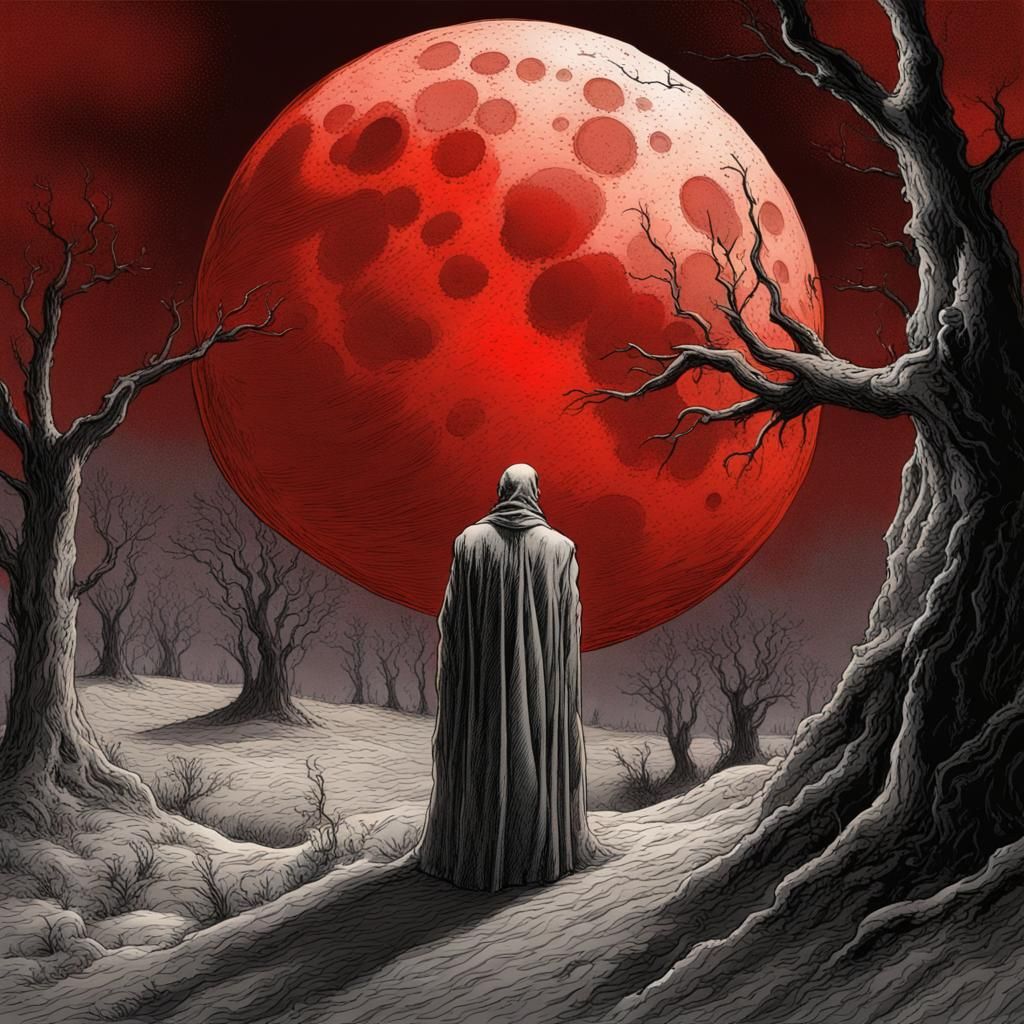 Red Blood Moon in Comic Horror Style