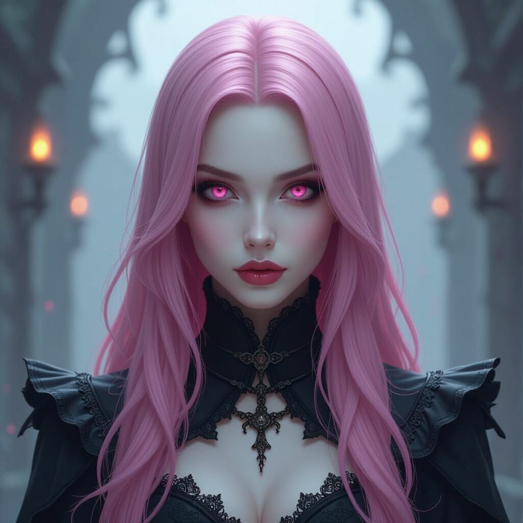 Sinister Woman with Pink Hair in Dark Fantasy Style