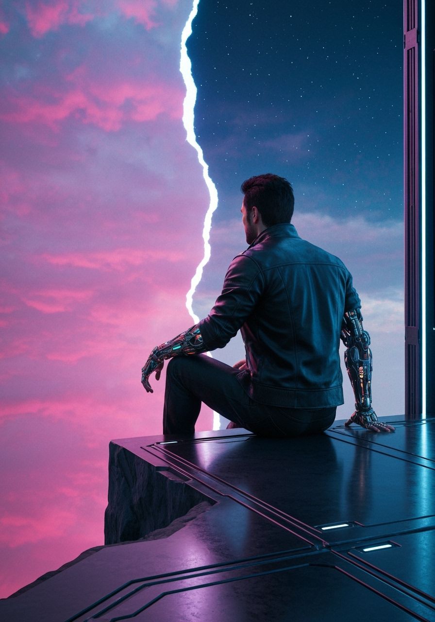 Cyberpunk Man Watches Night and Day Sky