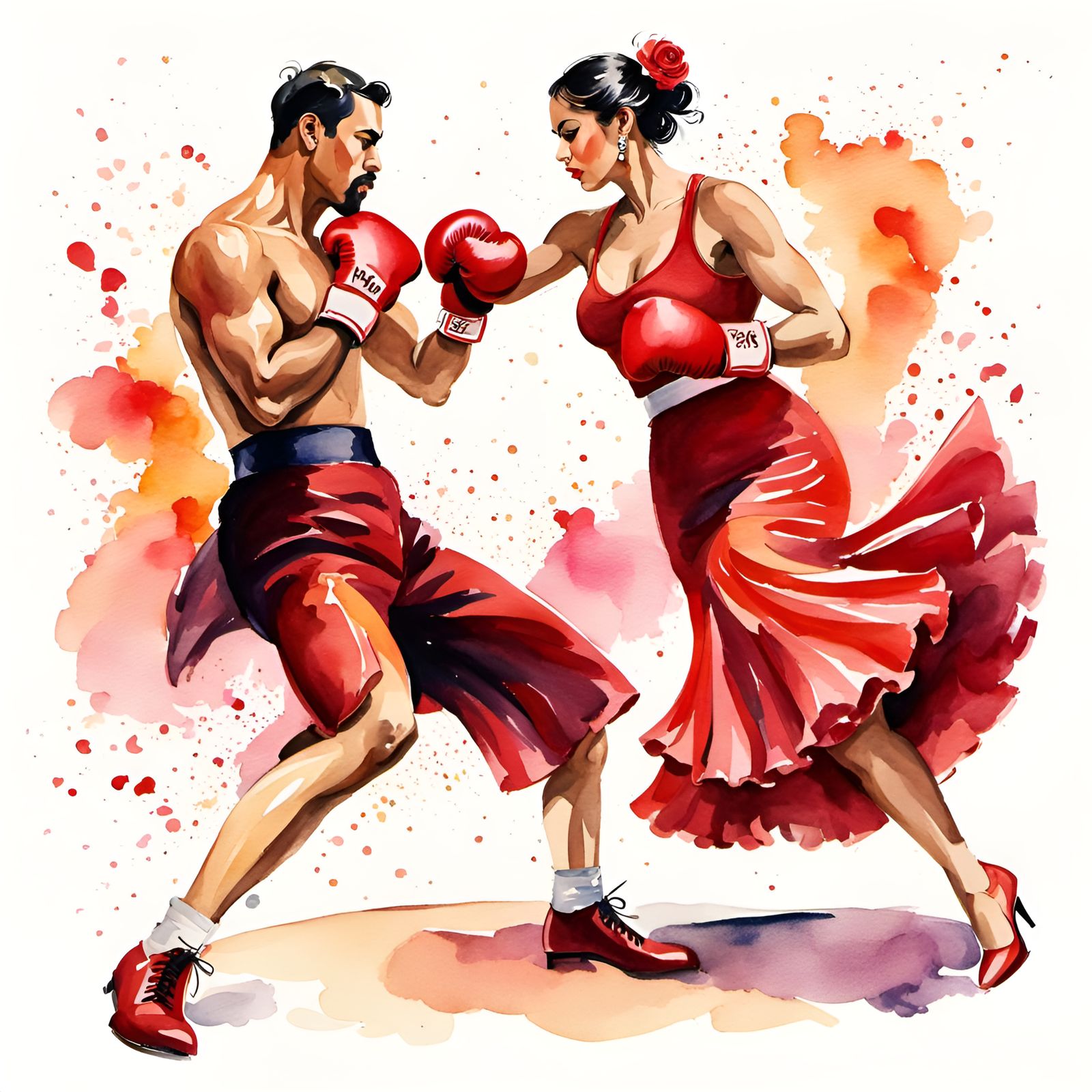 Boxers Dance Flamenco in Watercolor