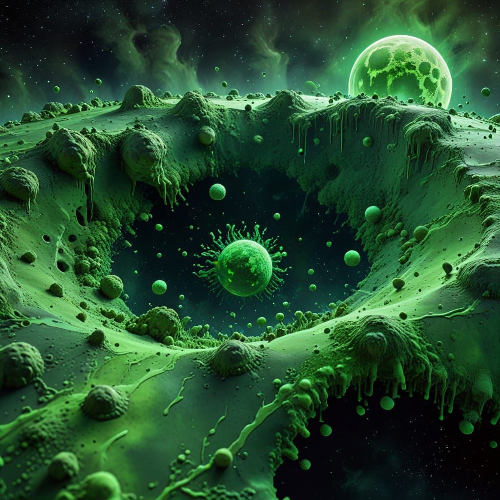 Green Crater Planet with Bioluminescent Starry Sky