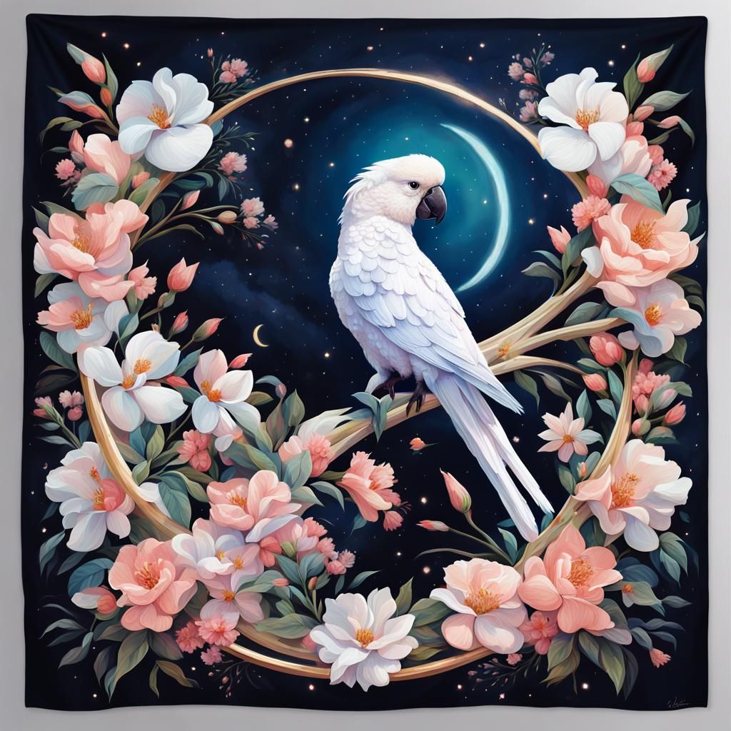 Parrot on Crescent Moon with Floral Tapestry