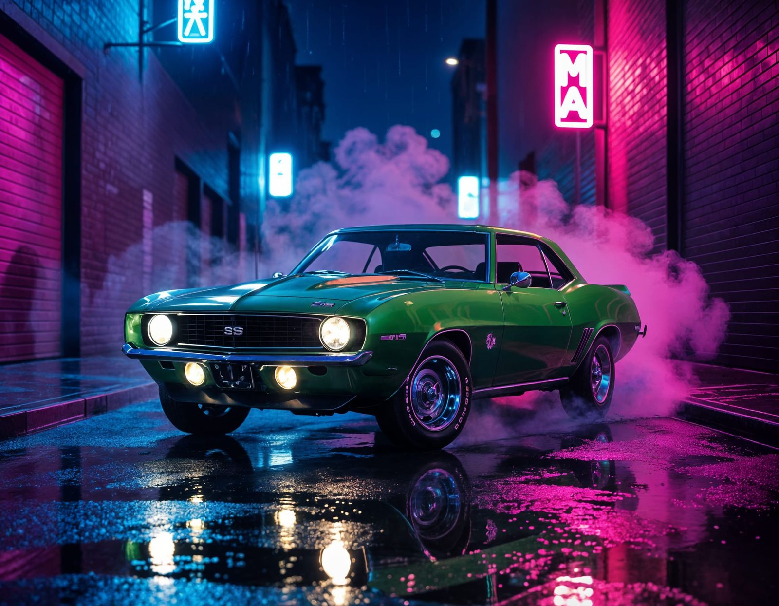 Green 1969 Camaro SS in Neon Alley