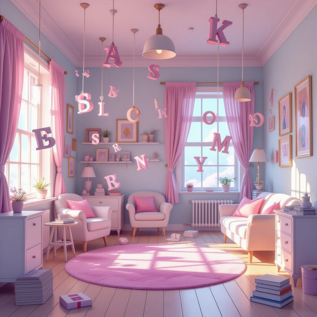 Ethereal Room with Floating Letters in Pastel Colors