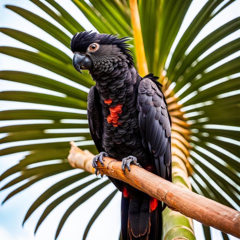 Red-Tailed Black Cockatoo in Palm Tree