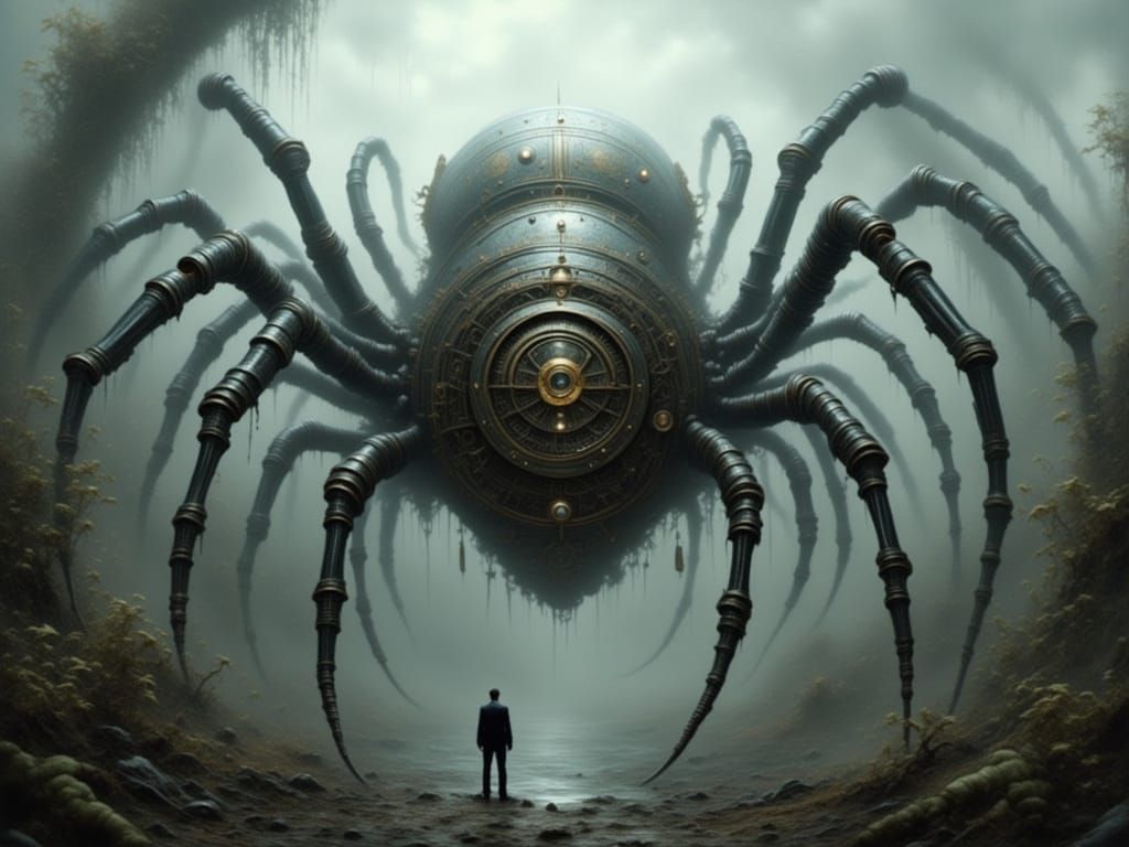 Colossal Mechanical Spider in Foggy Jungle