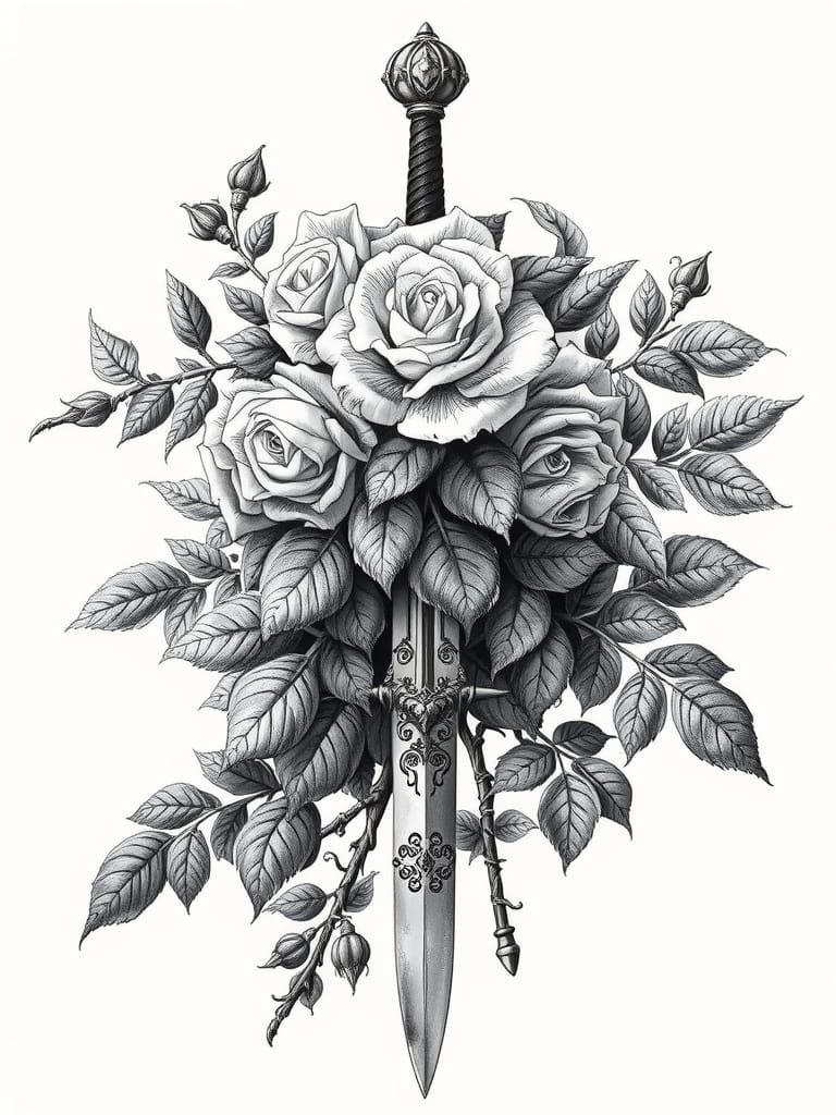 Rosebush and sword, black and white drawing, realistic, simple