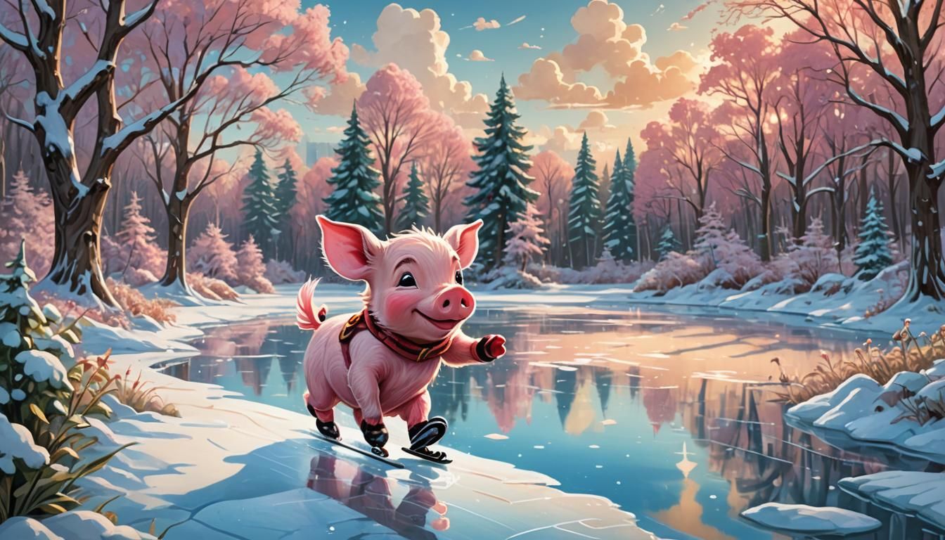 Piglet Ice Skating: Whimsical Comic Book Art