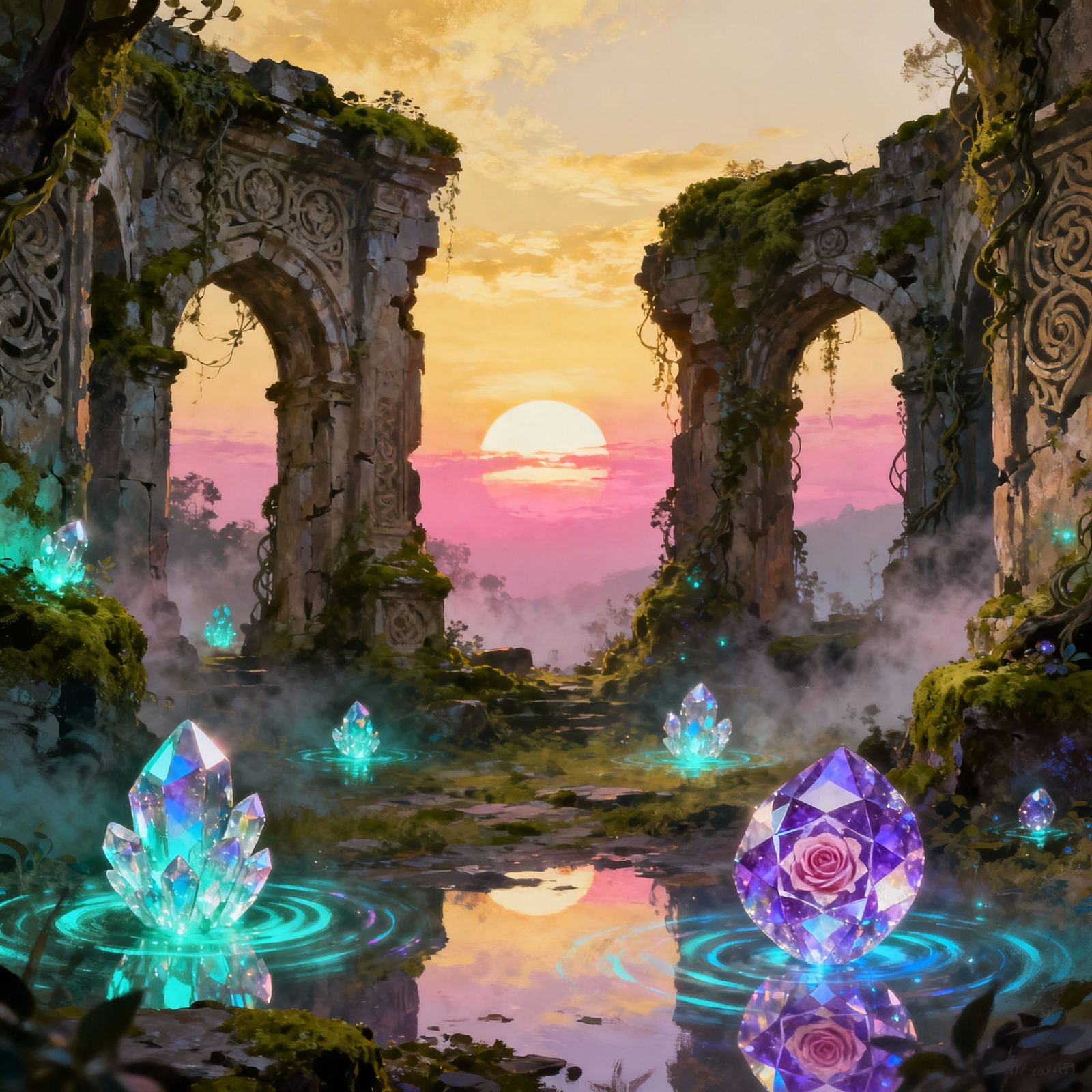 Ethereal Double Sunset Landscape with Crystal Structures