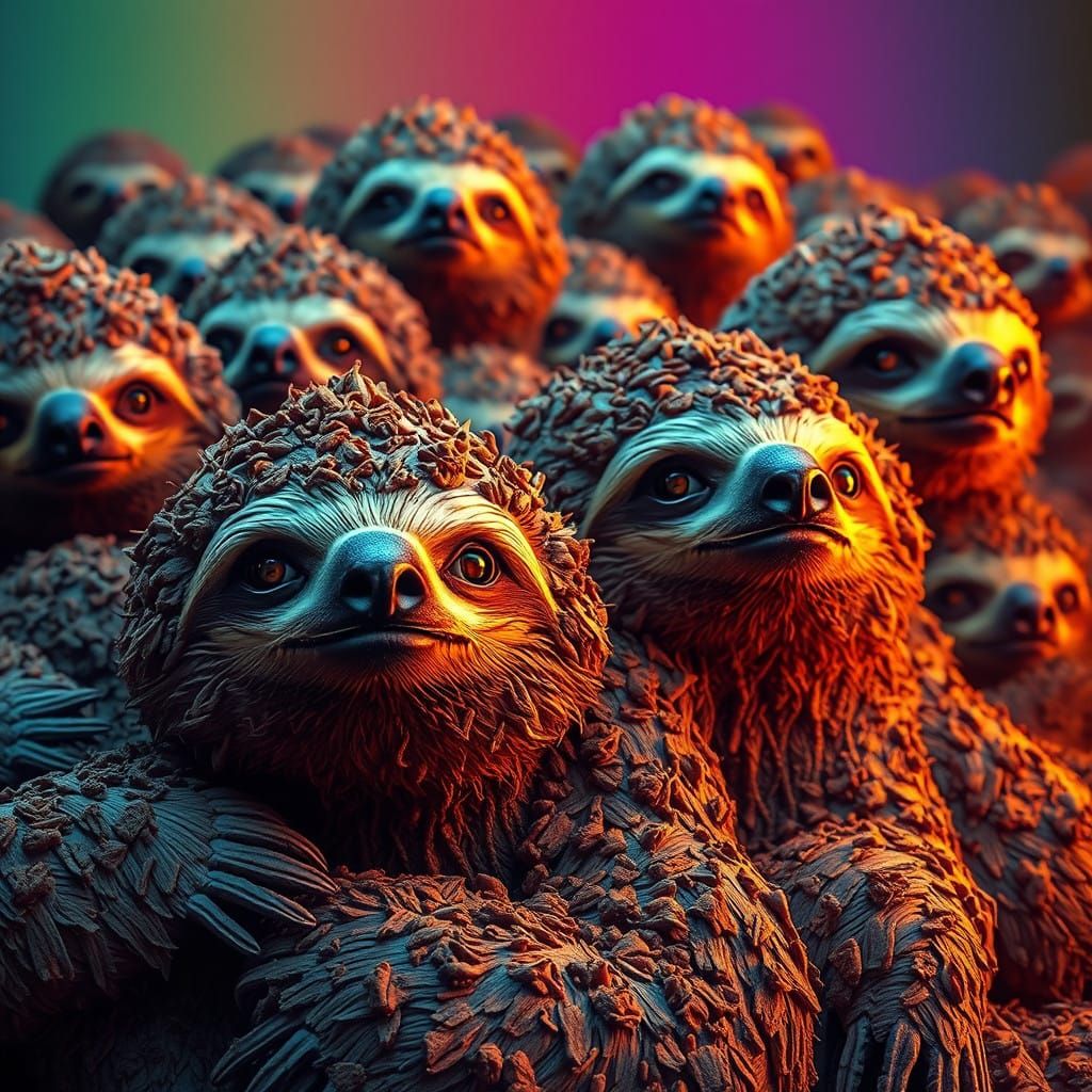 Hyperrealistic Sloth Menagerie in Mid-Century Aesthetic