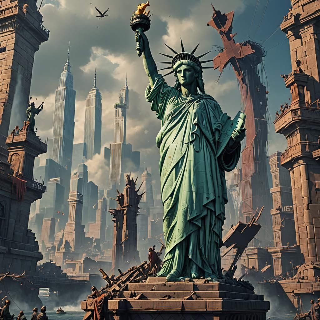 Statue of Liberty Nailed to Cross: Detailed Matte Painting