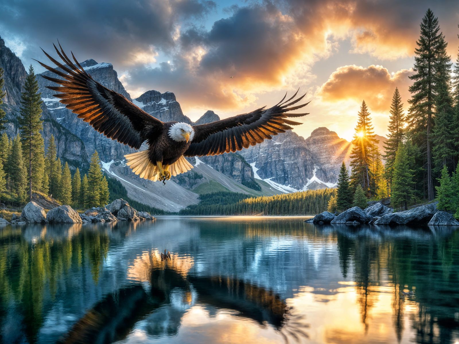 Regal Eagle Soars Over Serene Lake in Moonlit Landscape