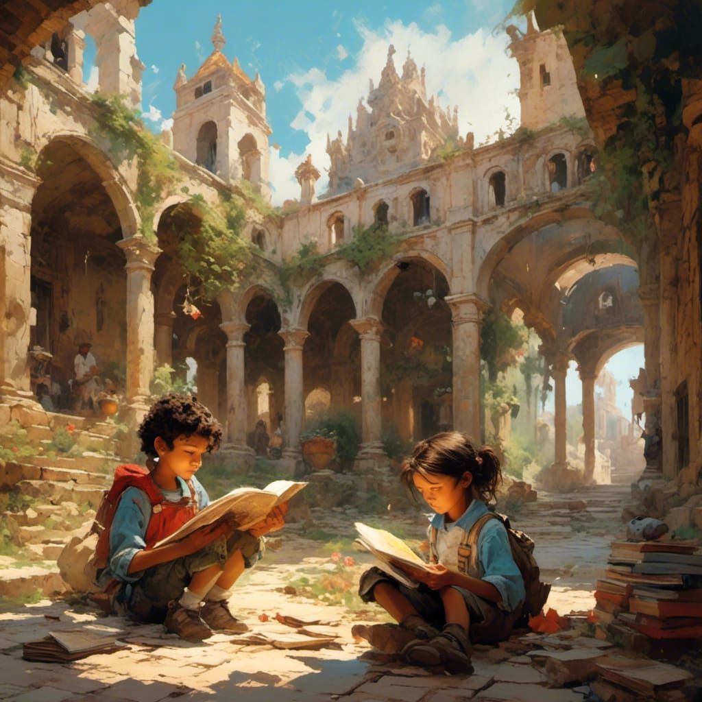 Children Reading in Spanish Monastery: Hyperrealistic Splash...