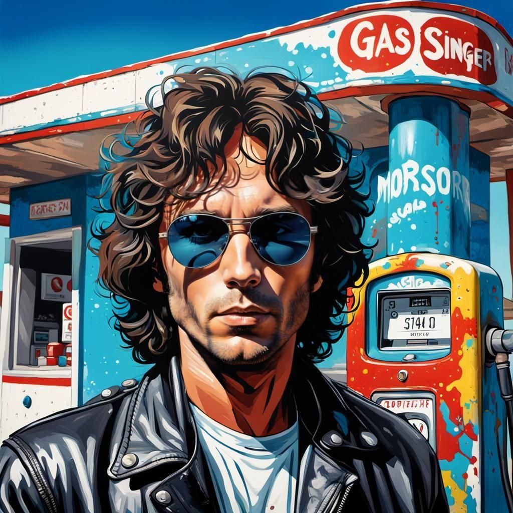 Jim Morrison at Gas Station in Graffiti Art Style