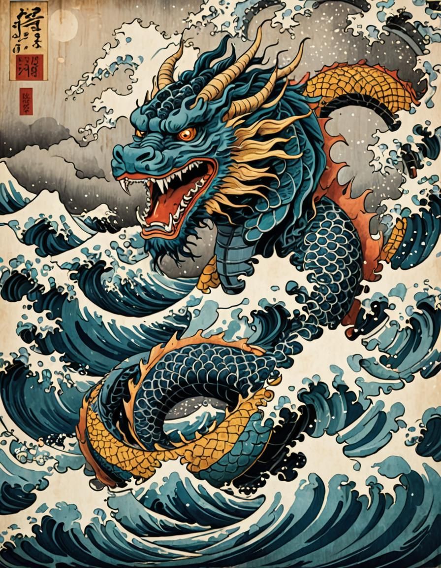 Dragon God Emerges Under Kanagawa Wave: Ukiyo-e