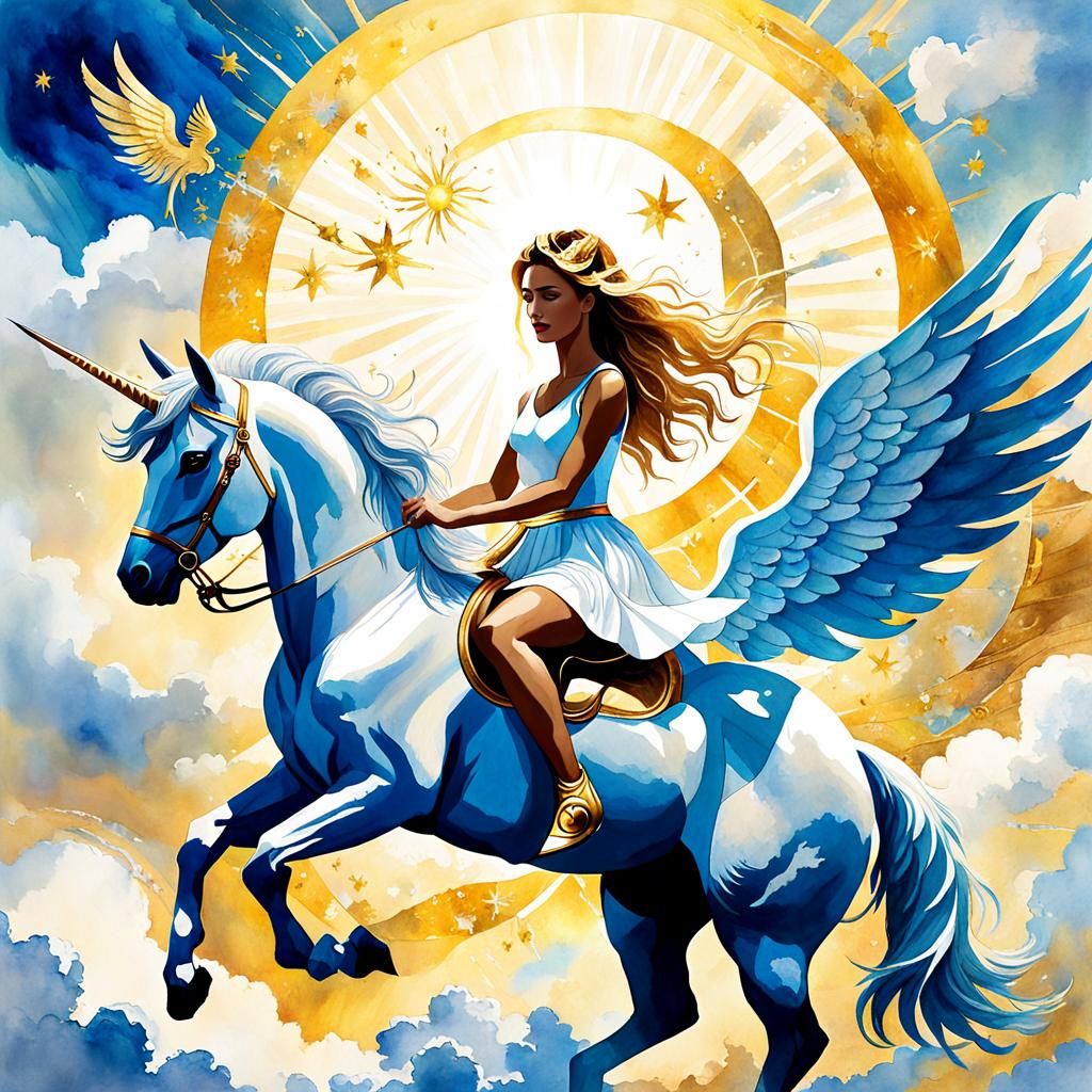 Girl on Winged Unicorn in Digital Gouache Painting