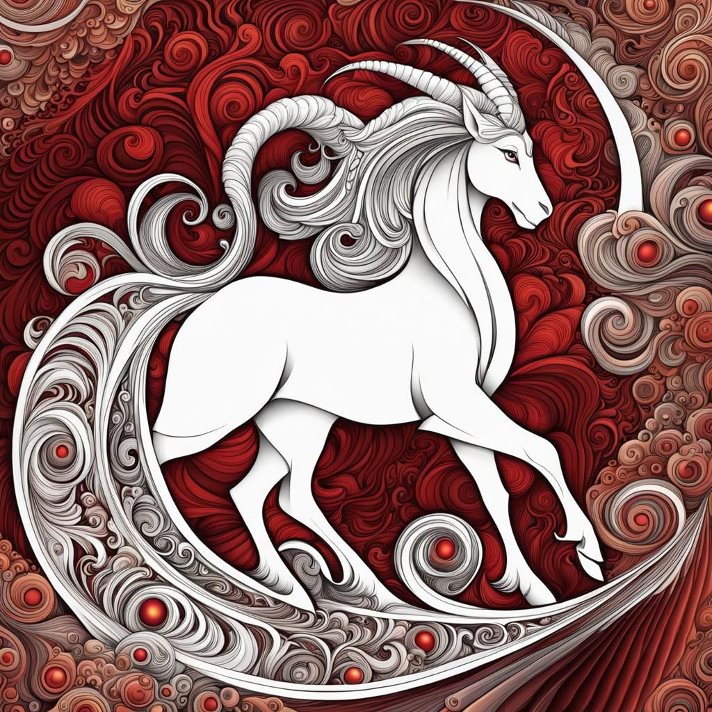 Red-Haired Witch Rides Goat in Abstract Vector Art