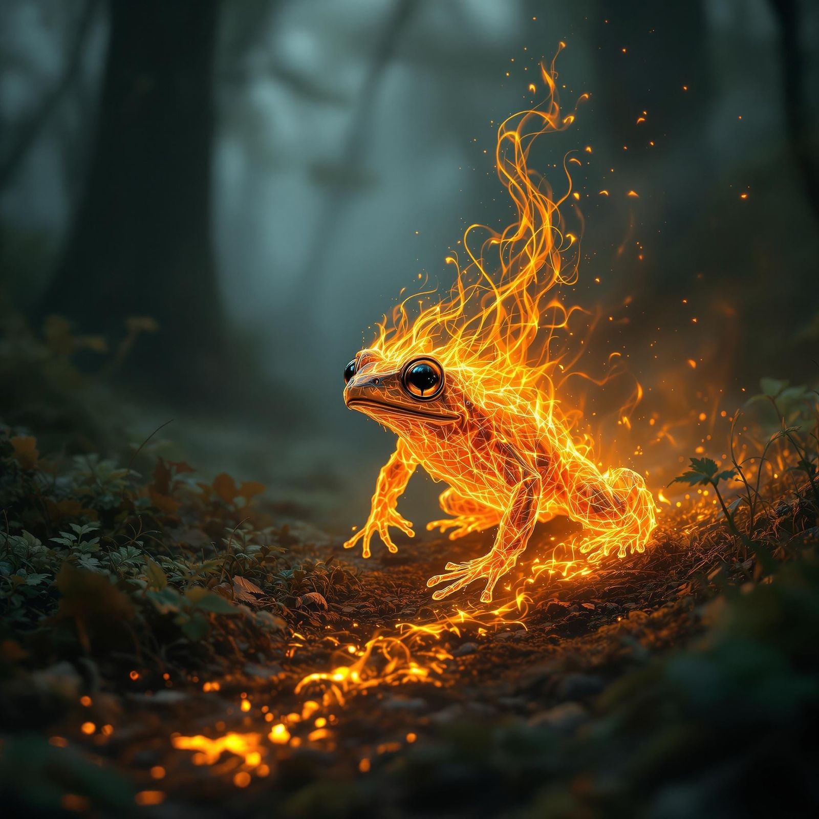 Flaming Toad in Mystical Forest, Cinematic Style