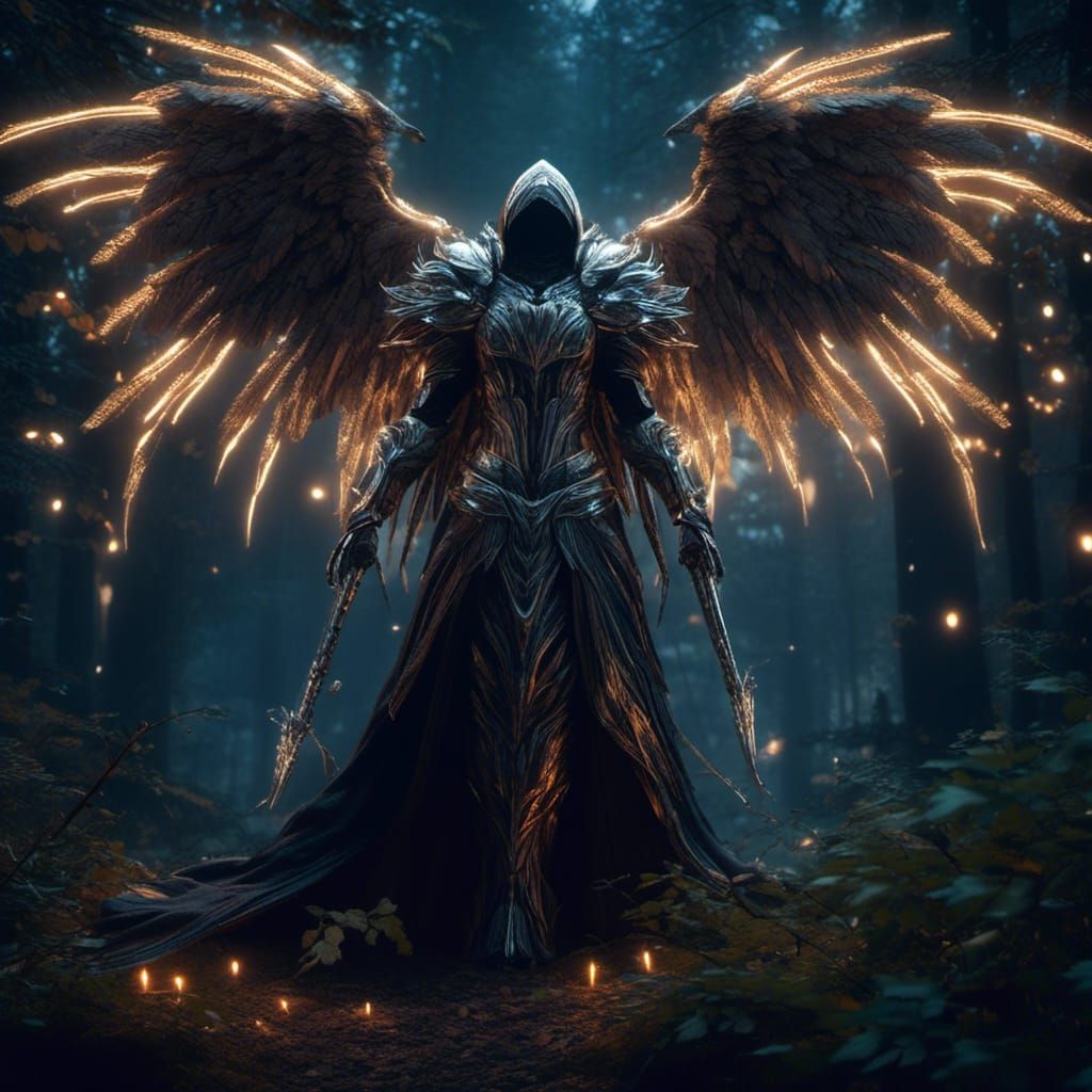 Dark Hooded Angel Tyrael in Forest at Night