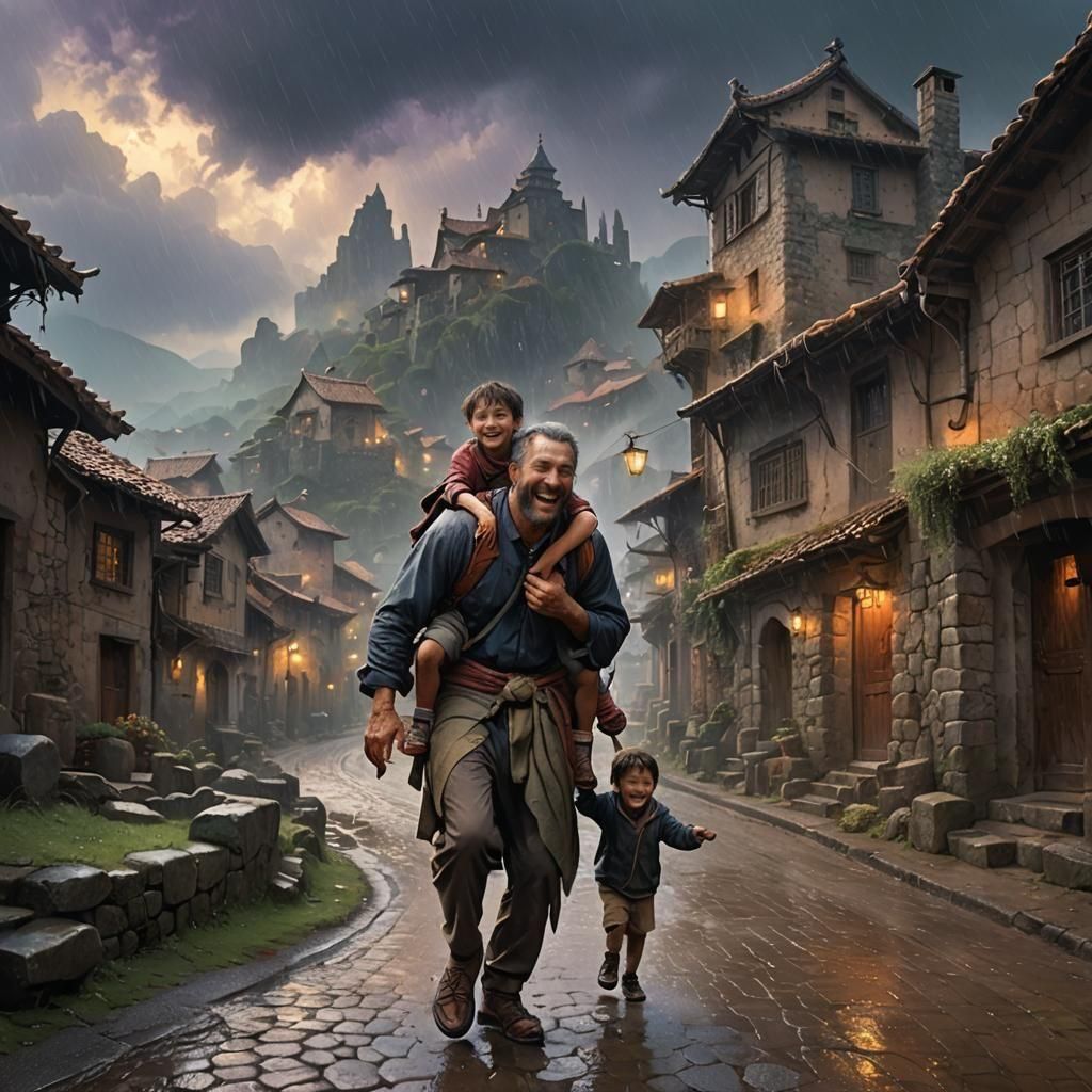 Father and Son Laughing in the Rain: Matte Painting