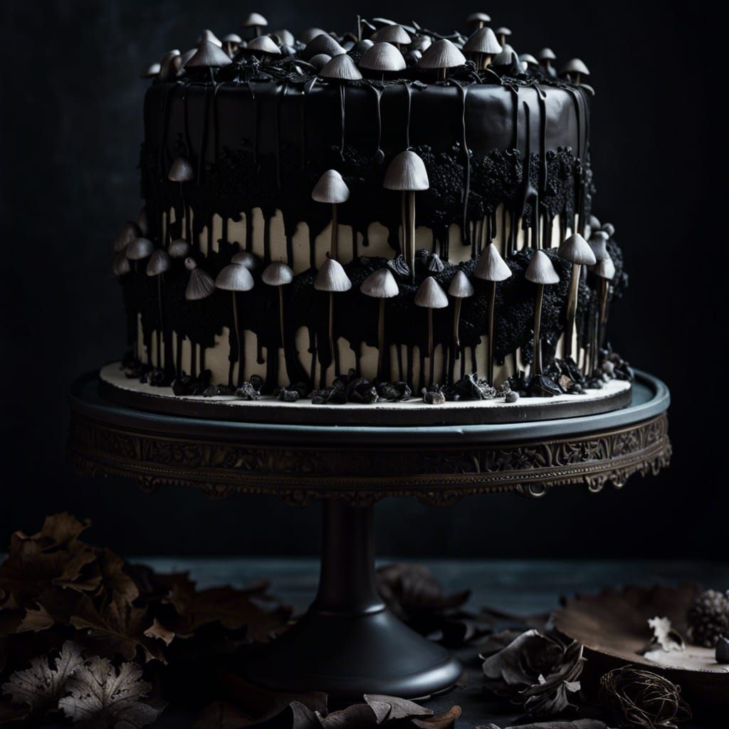 Elegant Goth Wedding Cake with Dark Mushroom Sculptures