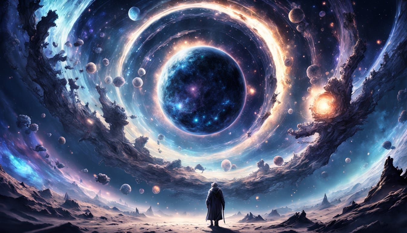 Old Sage in Cosmic Void with Ethereal Nebula