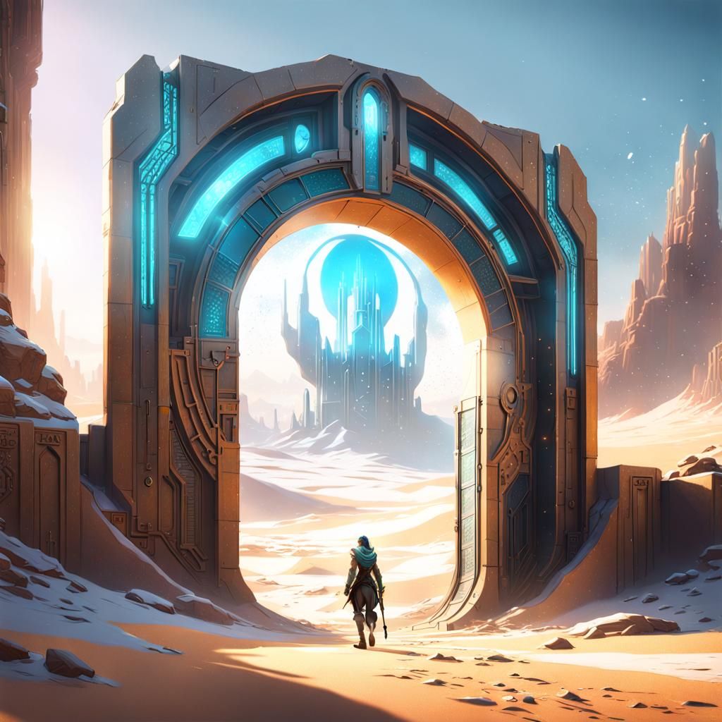 Desert Portal to Snowy Cyberpunk City